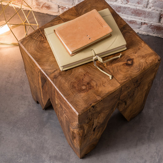 Rustic wood square side table varnished in natural finish