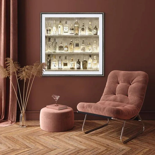 Artwork featuring exotic varietes of gin displayed on shelves in black frame