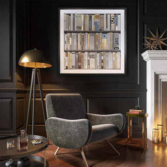 Artwork featuring three shelves of books mounted on black frame