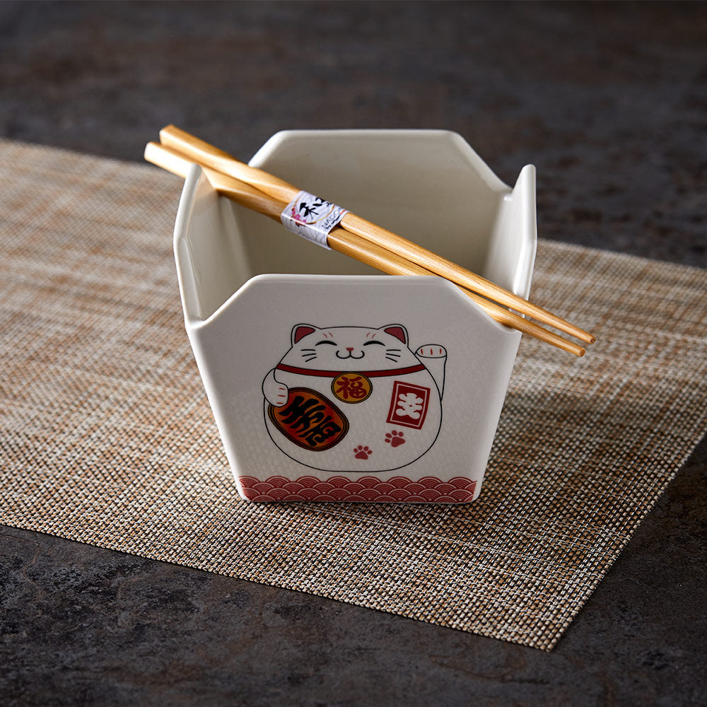 Lucky Cat Takeout Bowl Set with Chopsticks