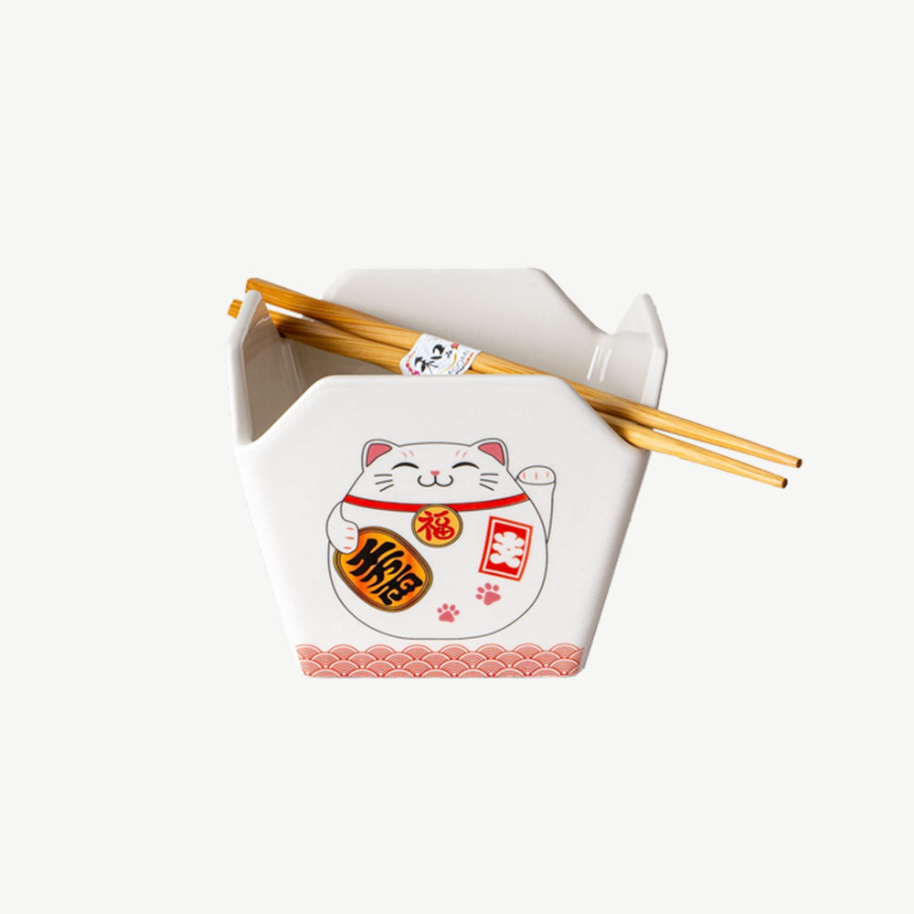 Lucky Cat Takeout Bowl Set with Chopsticks