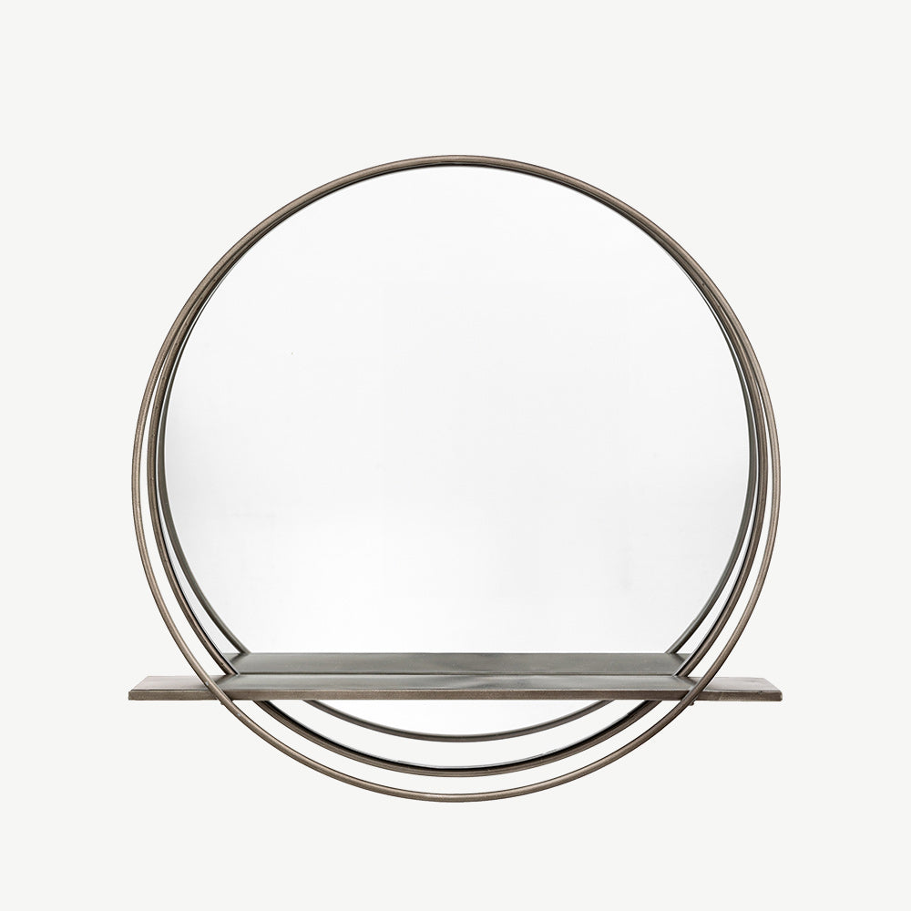 Small Round Industrial Style Shelf Mirror with frame crafted from two sleek rings, nestled between the rings at the bottom of the frame is a highly practical shelf