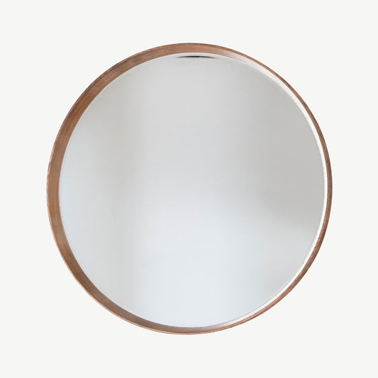 Circular mirror in brown solid wood frame