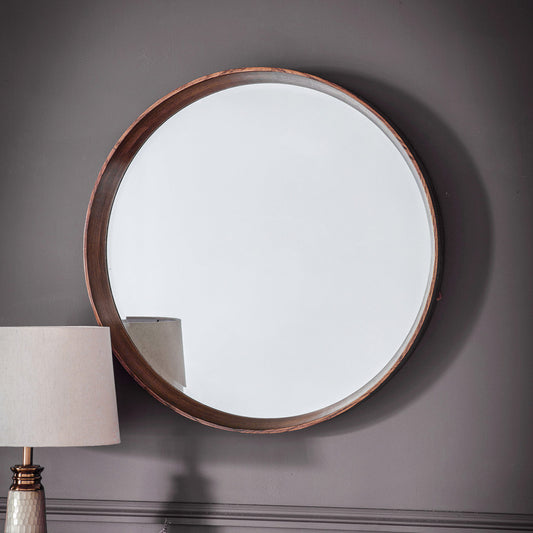 Circular mirror in brown solid wood frame