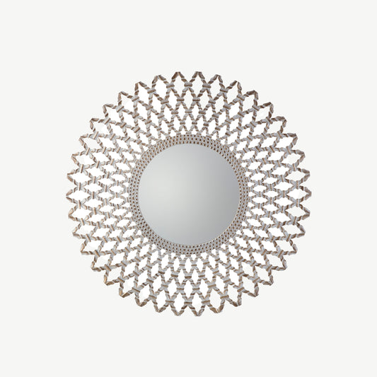 Large whitewash round mirror with latticework frame 