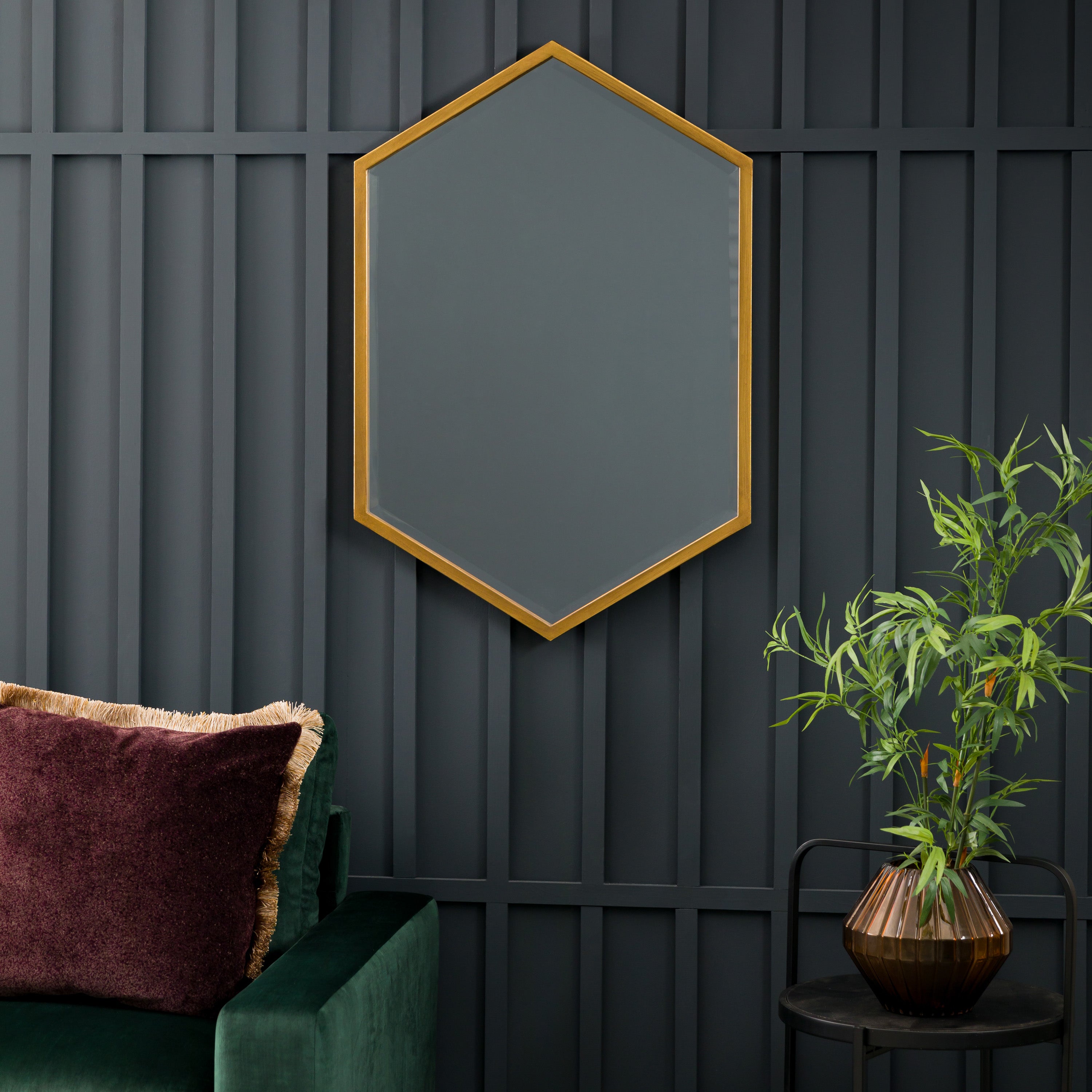 Hexagonal shape antique gold mirror in gold finish