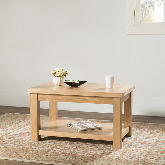 Oak coffee table with shelf in natural finish