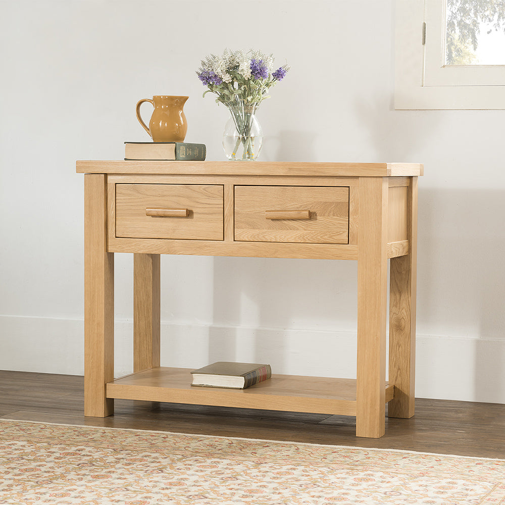 Oak large console table in natural finish with two drawers and lower storage shelf