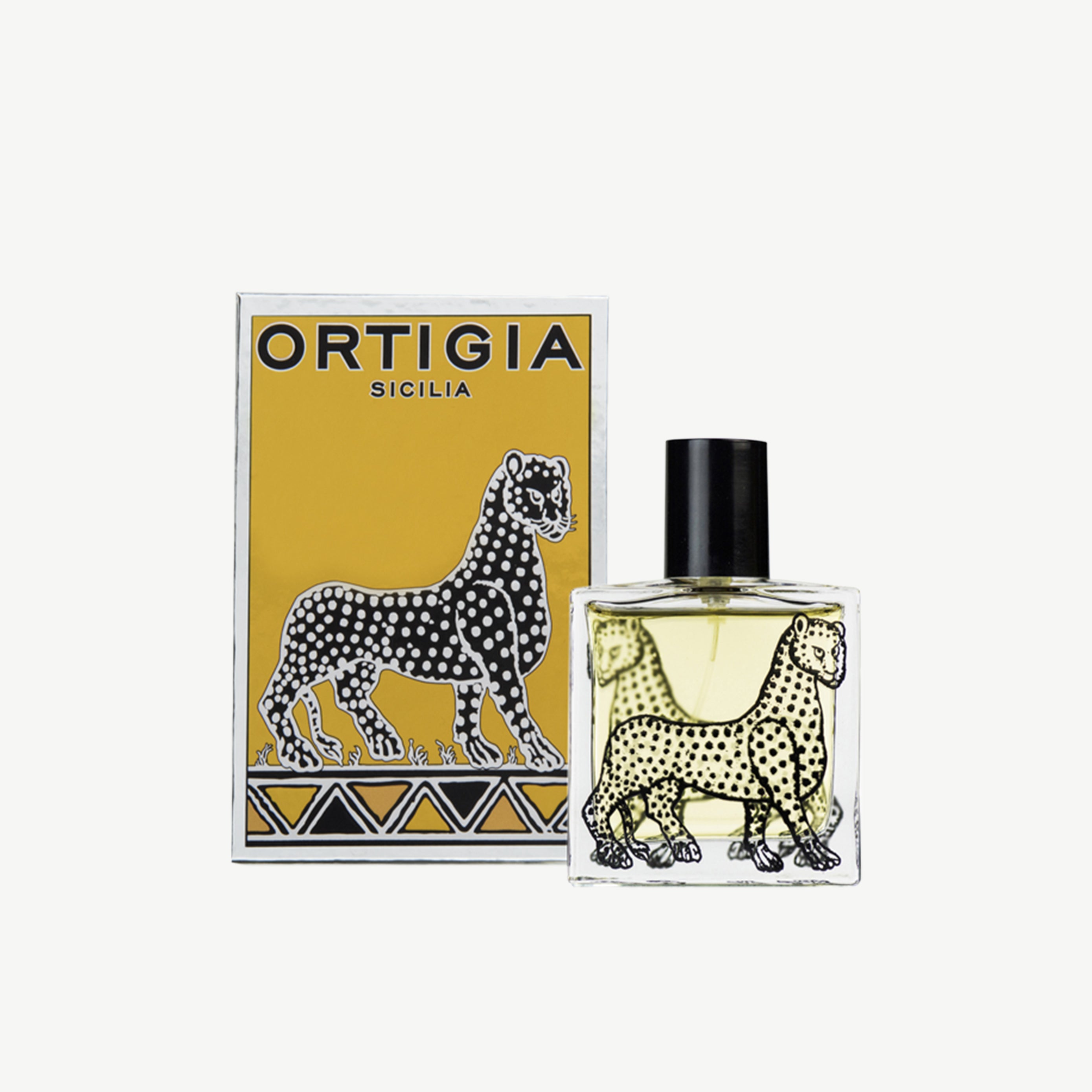 Ortigia Zagara Eau De Parfum in leopard engraved glass bottle and packaged in original decorative box