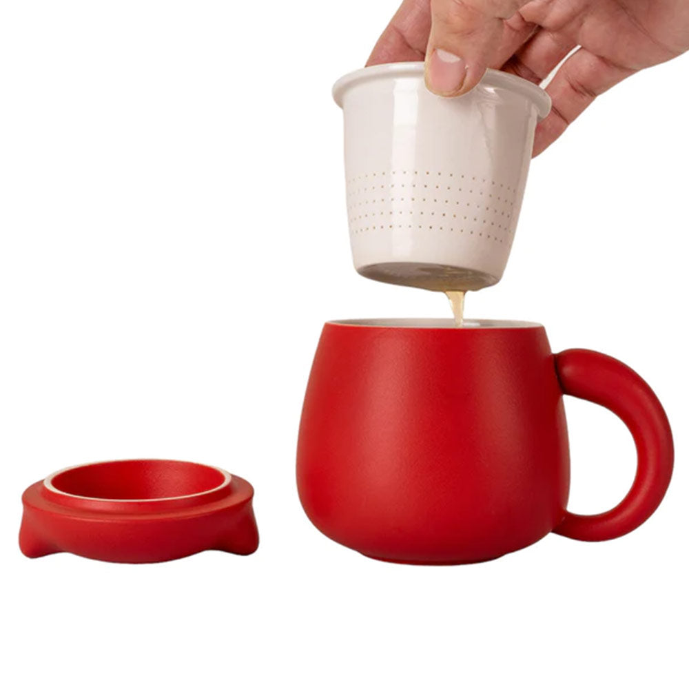 Lucky cat Mugs with Infuser and Lid in Red 