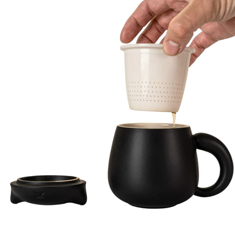 Lucky cat Mugs with Infuser and Lid in Black