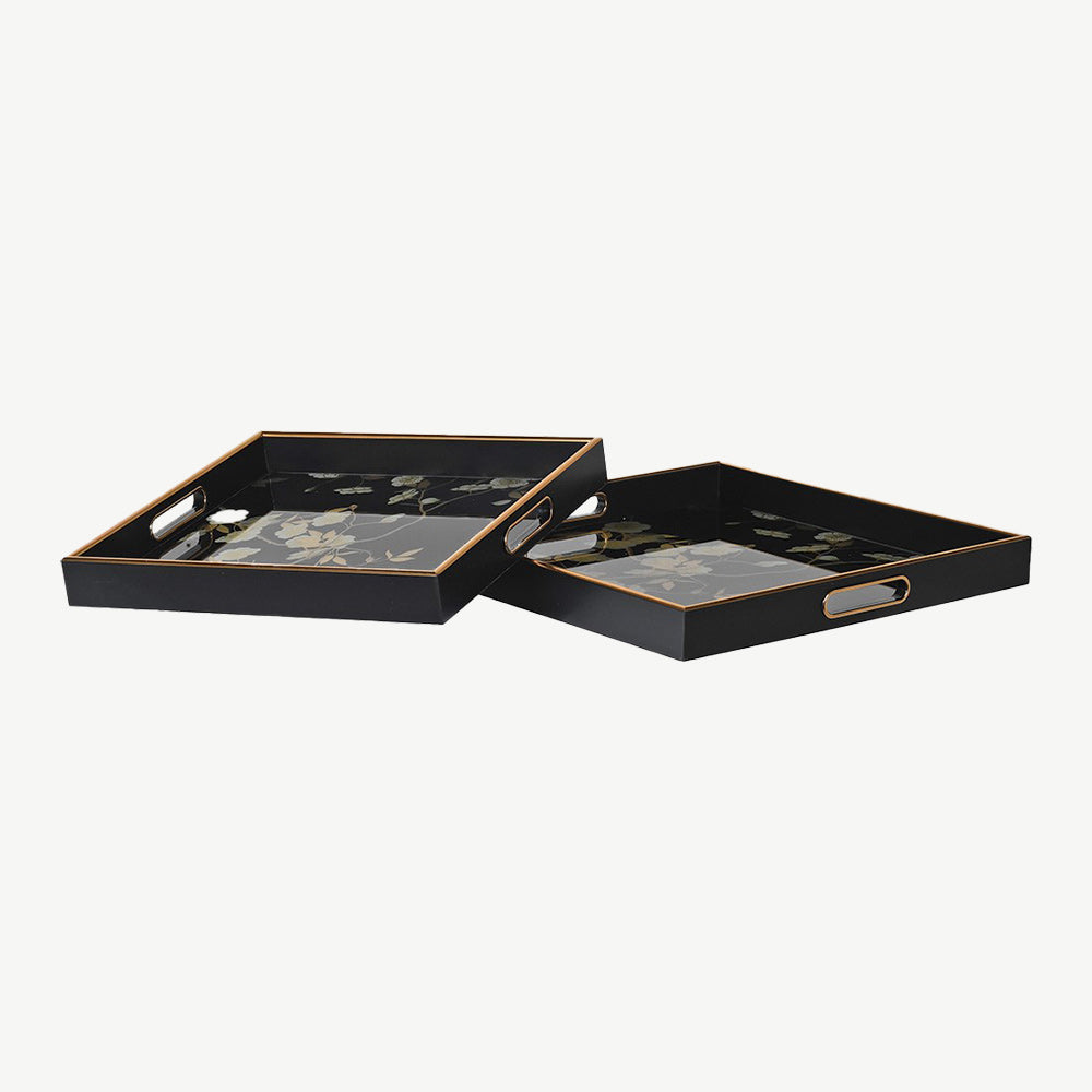 Set of 2 Black Floral Square Trays