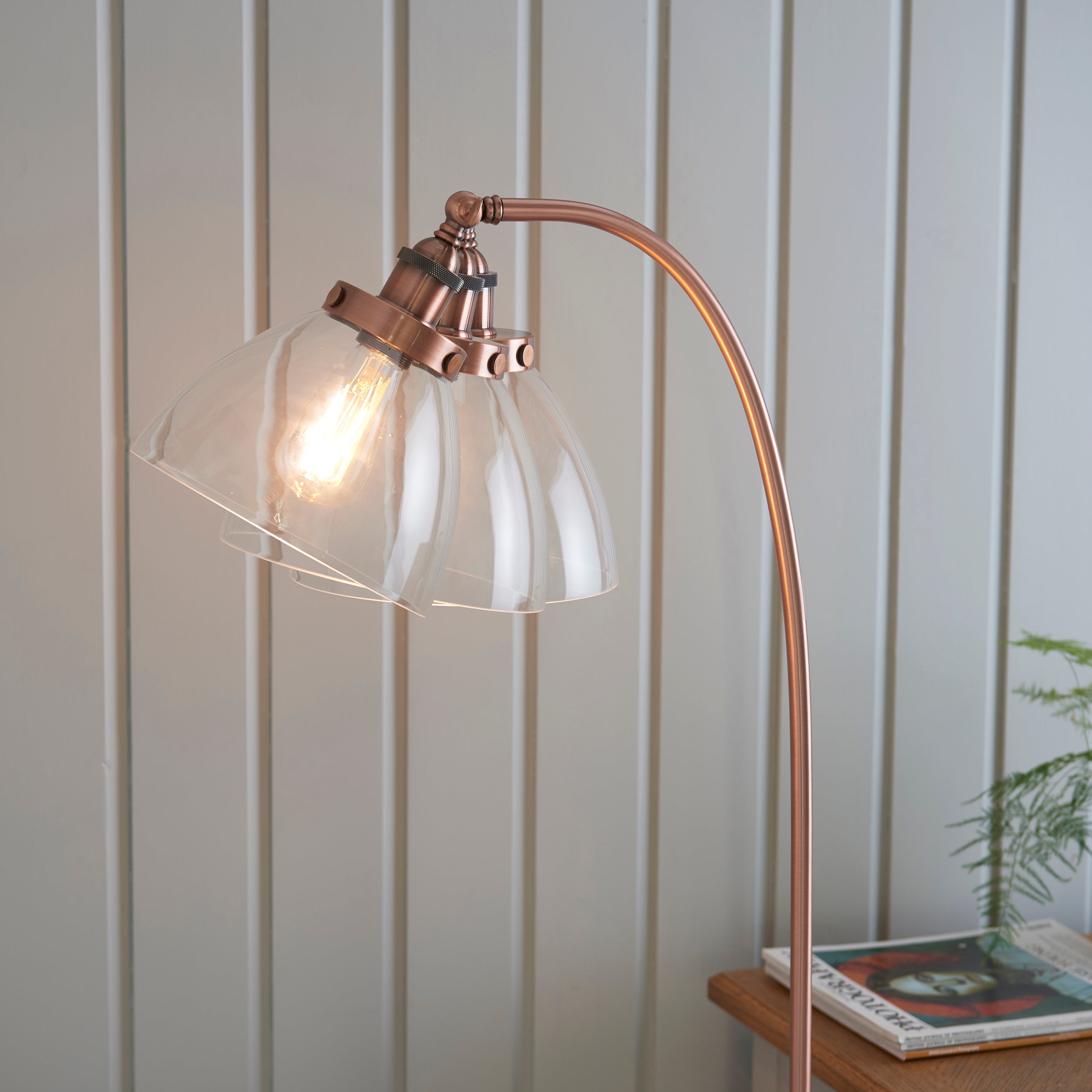 Copper and store grey floor lamp