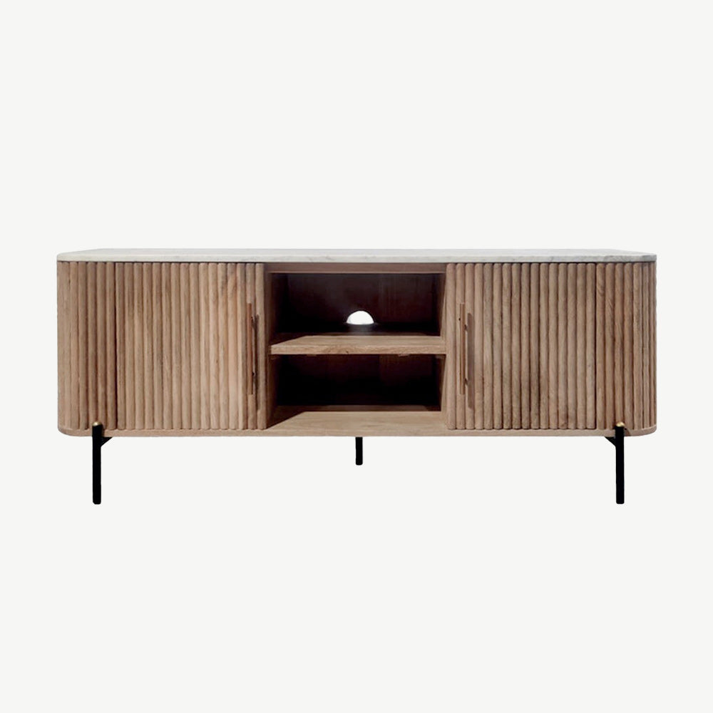 Fluted mango wood tv unit with two drawers, two shelves and solid white marble top